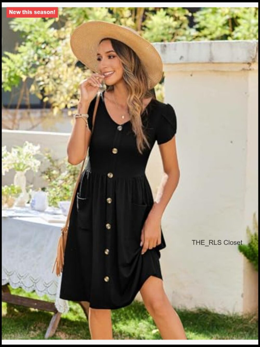 V Neck Mini Dress with Pockets Petal Sleeve Button Down Swing Dress - Picture 2 of 7